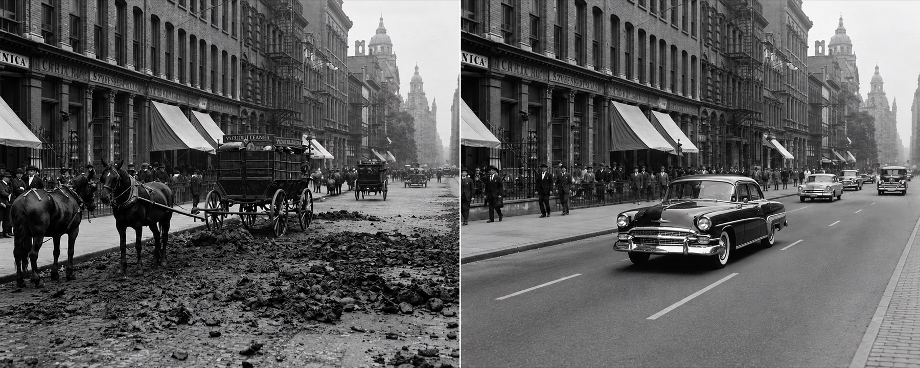The same city street twice: a horse-drawn wagon on a cobbled road covered in manure, and the same street paved and filled with cars.