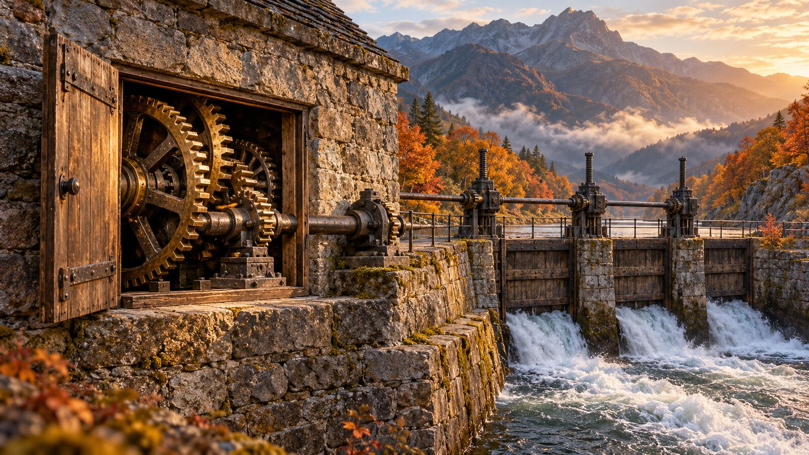 An open wooden hatch exposes brass and iron gears connected by a shaft to three canal sluice gates in a stone control house overlooking an autumn mountain valley.