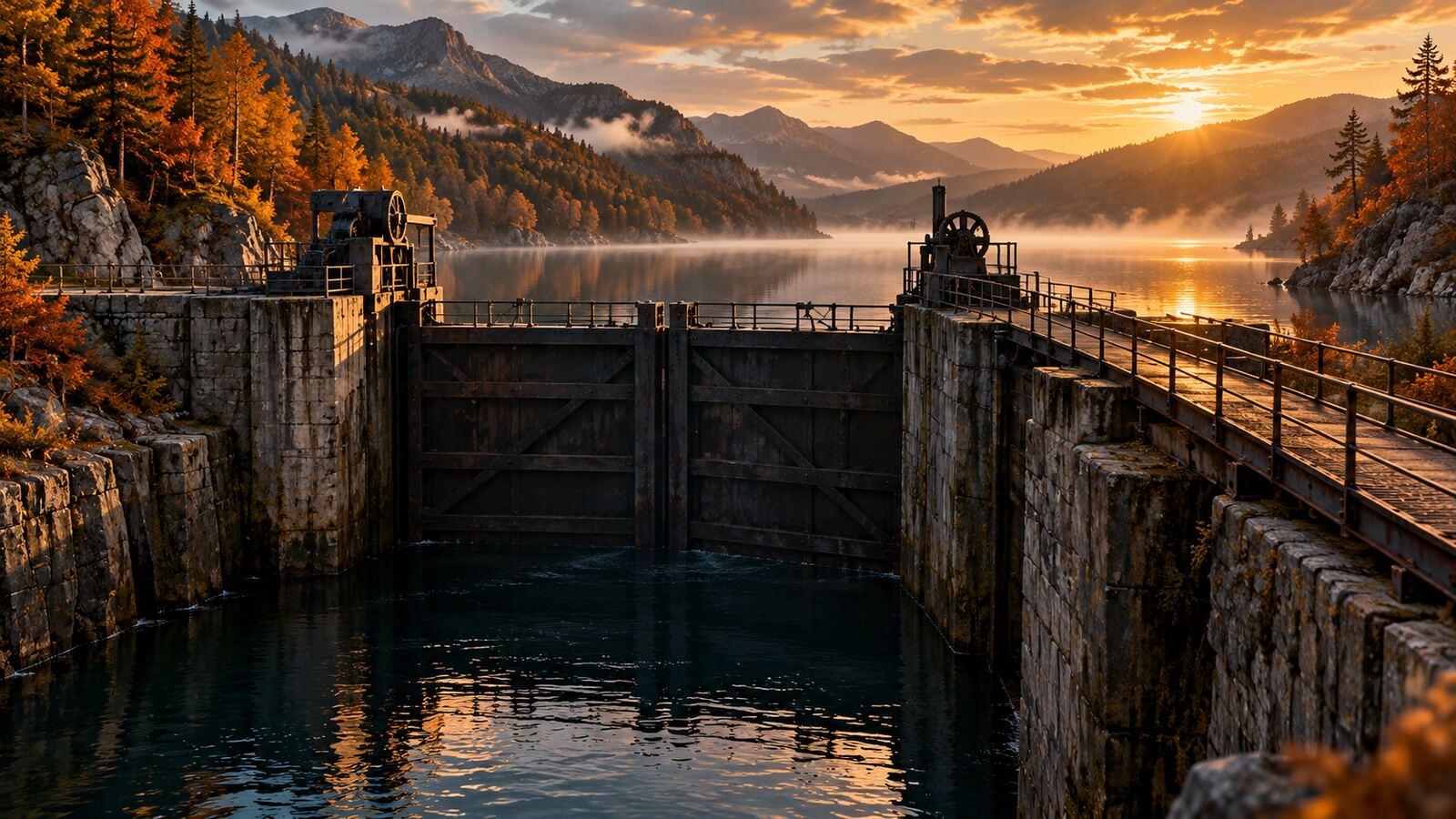Conceptual illustration of closed metal canal gates between weathered stone walls, a maintenance walkway and a misty mountain reservoir surrounded by autumn trees in golden evening light.
