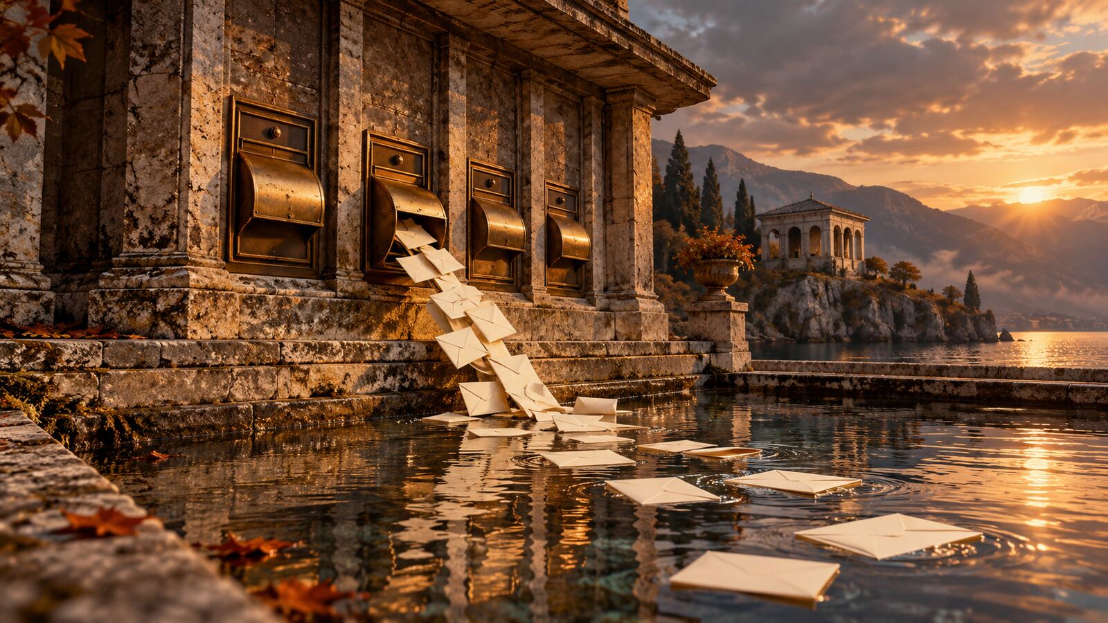 Conceptual illustration of blank envelopes spilling from a brass mail chute in a weathered stone pavilion into a reflecting pool at an autumn sunset.