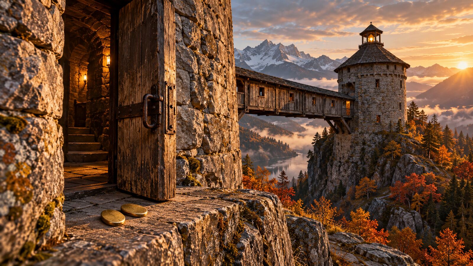 Two plain brass tokens lie beside an open stone-tower doorway, with an enclosed wooden bridge leading to a second beacon tower over an autumn mountain valley.