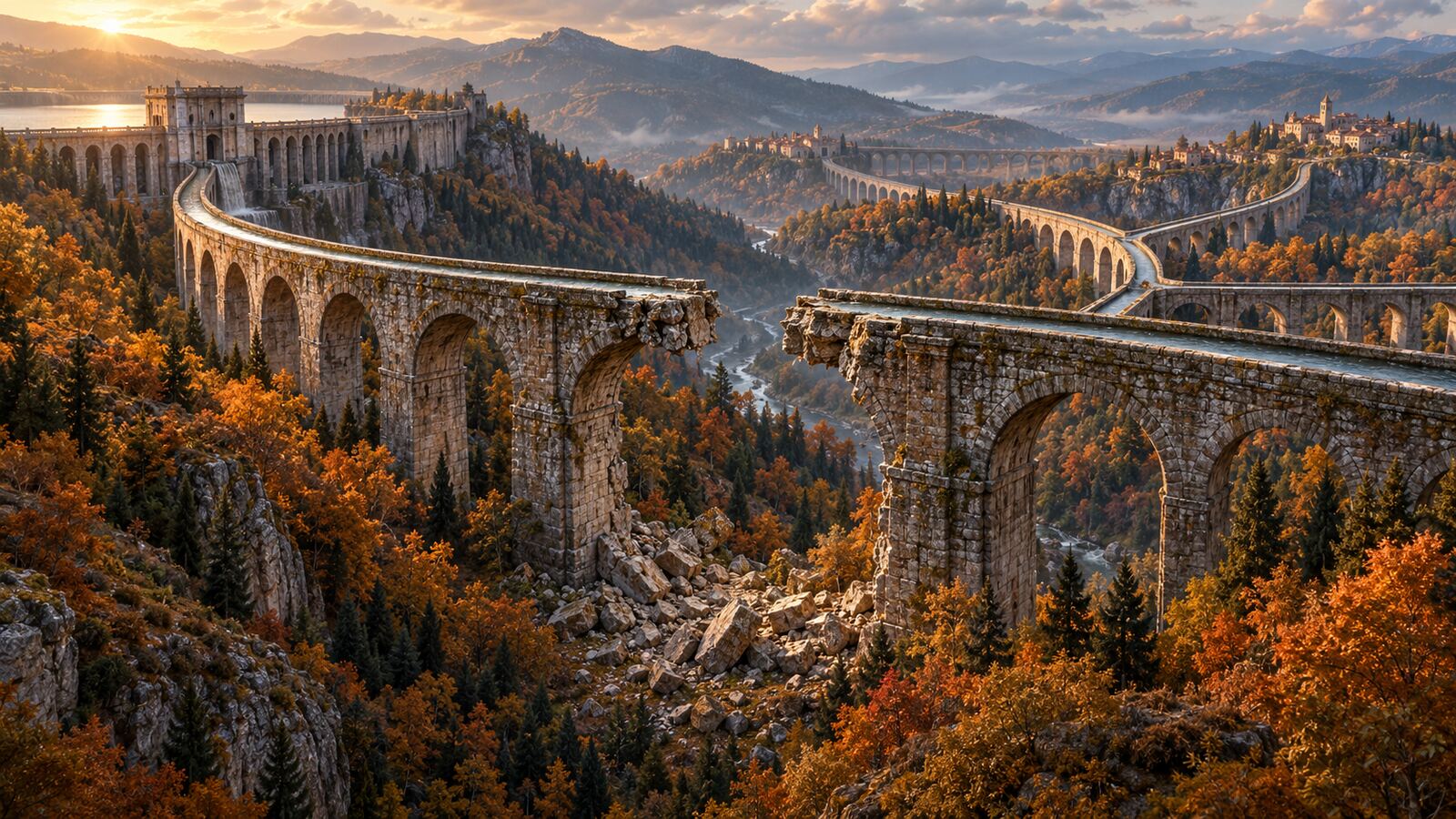 A broken stone aqueduct span with fallen masonry crosses an autumn forest valley, while an intact source and branching routes stand in the distance.