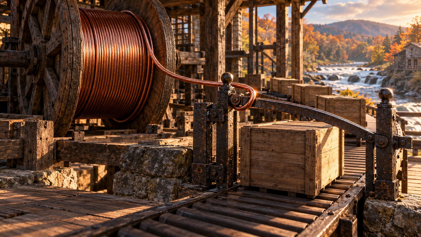 An escaping copper wire loop bends an iron conveyor gate inside a riverside mill, with wooden crates and autumn trees beyond.