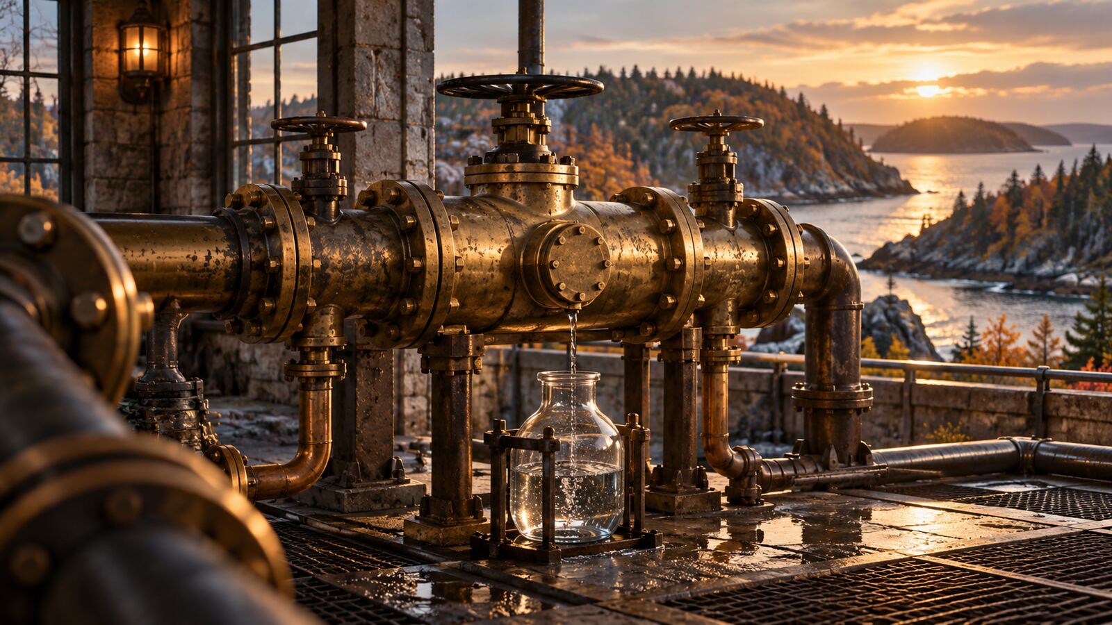 Conceptual illustration of a weathered brass pipe manifold leaking a thin stream into a glass vessel inside a stone control house overlooking an autumn coastal inlet at sunset.