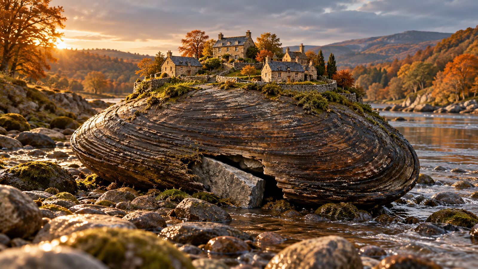 An intact stone village rests on a giant mussel shell beside an autumn river, with a stone wedge filling a fracture in the shell beneath it.