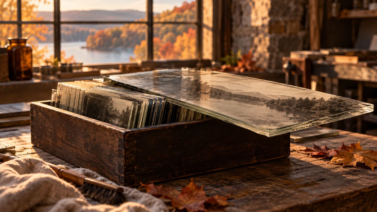 Conceptual illustration of oversized photographic glass plates overhanging a wooden archival tray in an amber-lit workshop, with autumn trees and a lake outside the window.