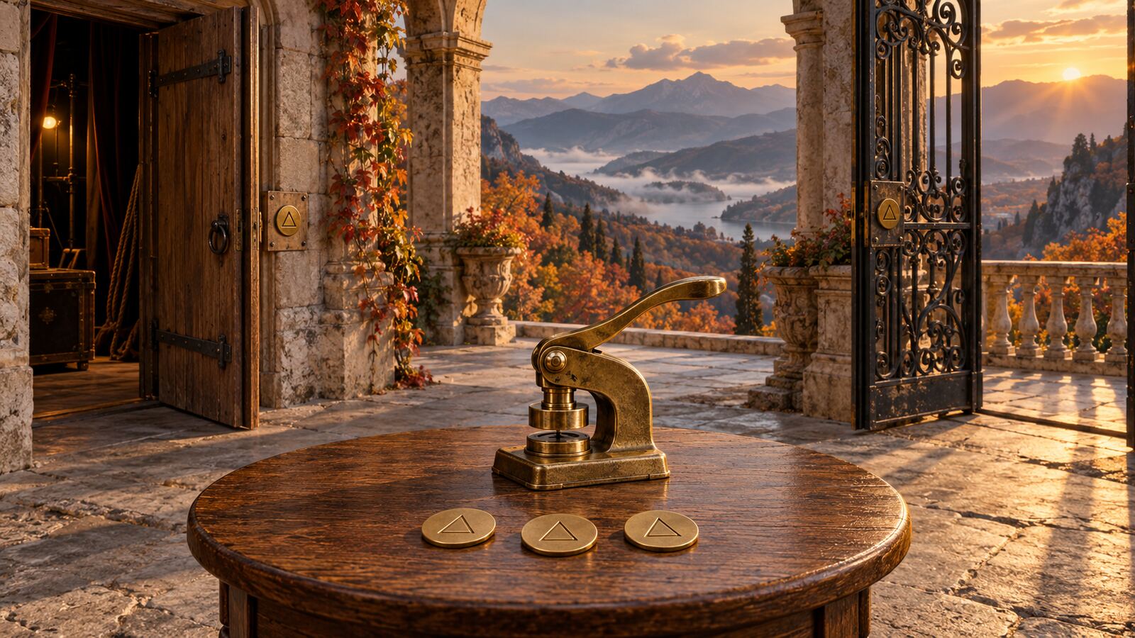 A brass embossing press and three matching geometric tokens on an oak table between an open wooden door and iron gate, overlooking autumn mountains.