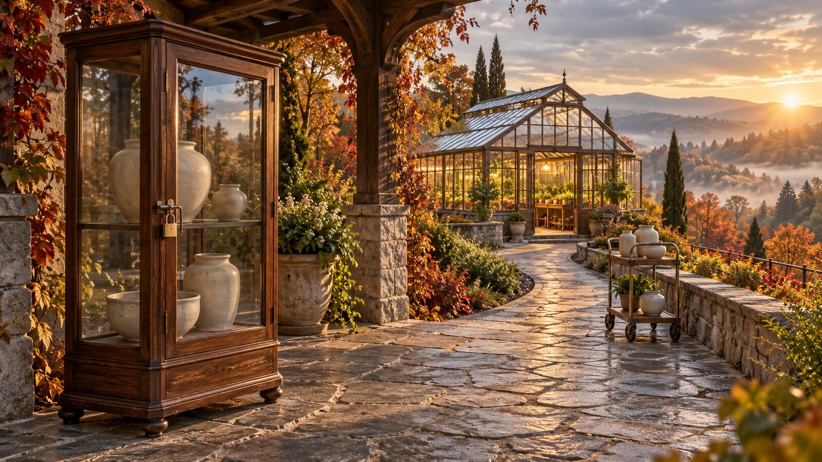 A padlocked glass cabinet of ceramic jars beside a clear stone walkway and trolley leading to a lit greenhouse in an autumn hillside garden.