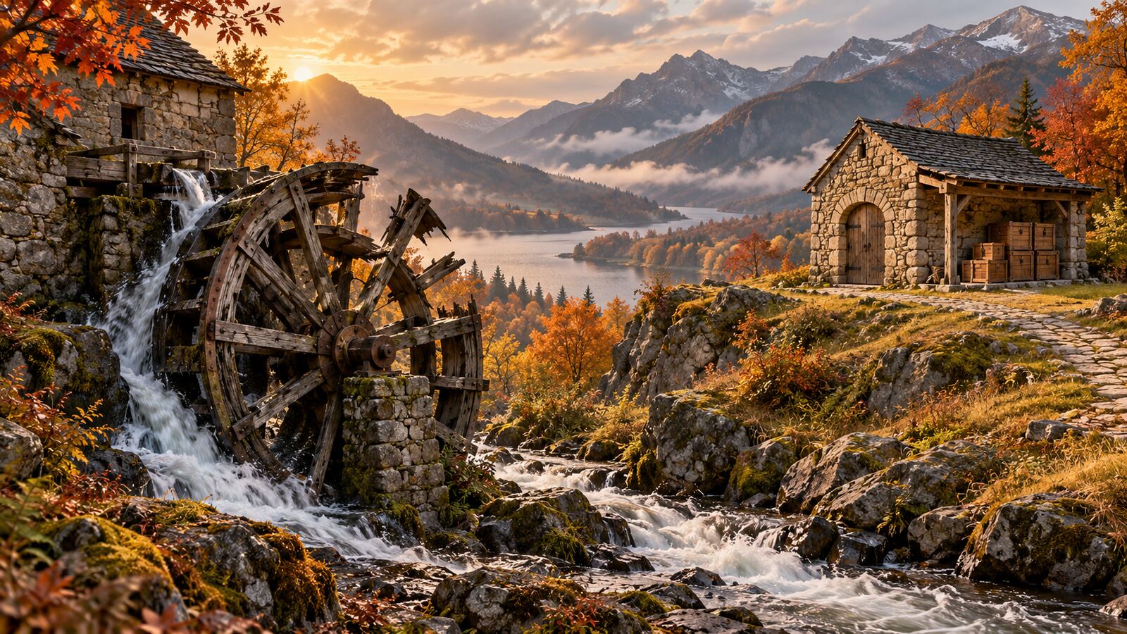 A broken wooden waterwheel beside a stone mill contrasts with an intact stone storehouse and stacked chests on a separate higher bank in an autumn mountain valley.