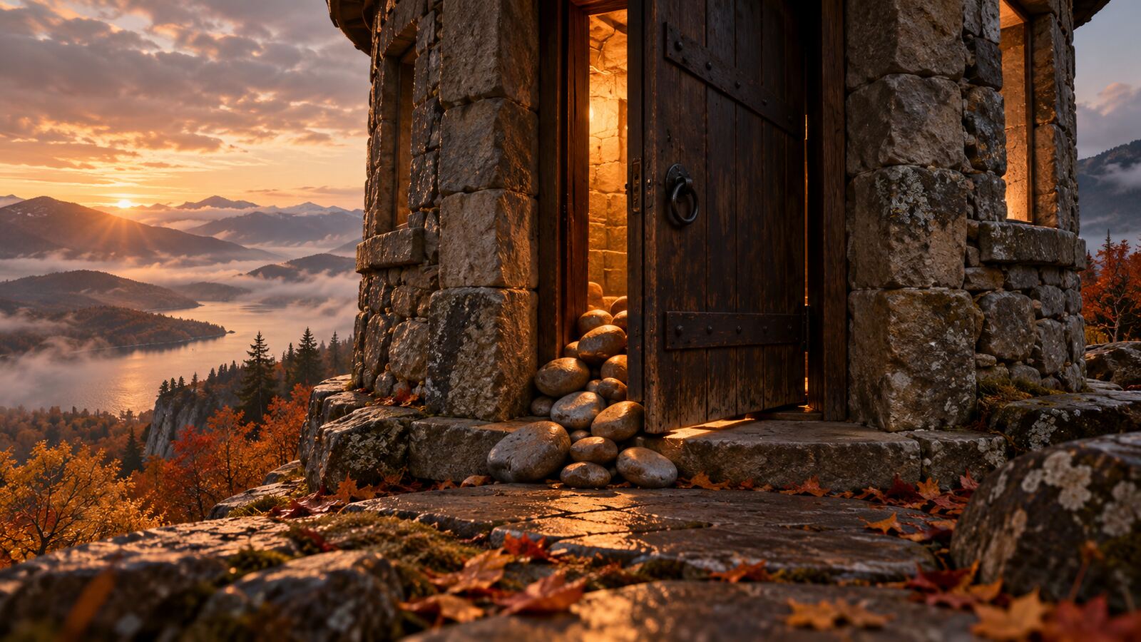 Conceptual illustration of smooth stones obstructing a partly open timber door in a stone pavilion, overlooking an autumn mountain lake at sunset.