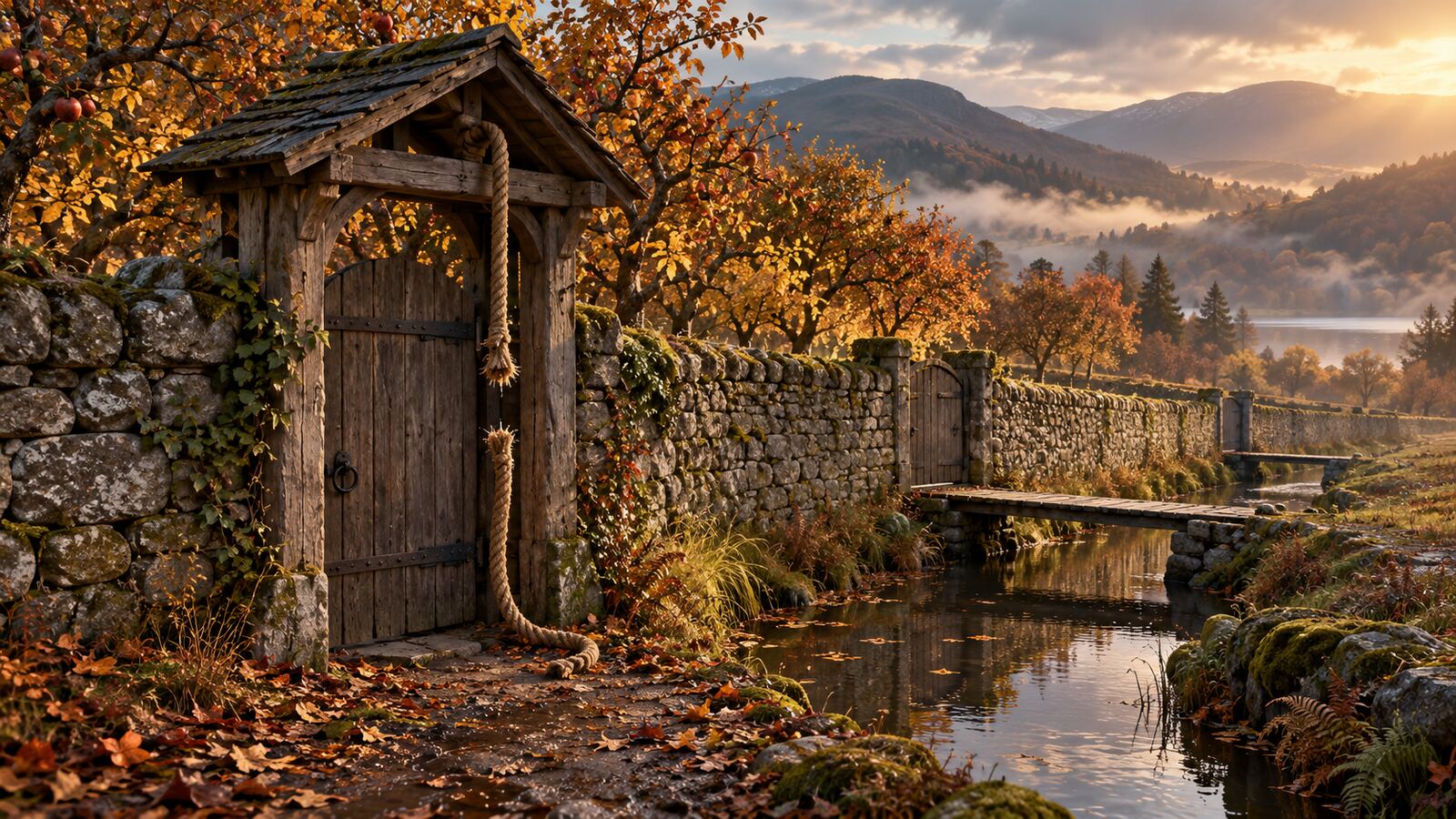 A timber gatehouse with a severed rope stands beside an autumn orchard wall and water channel, while two wooden footbridges cross to separate gates in the distance.