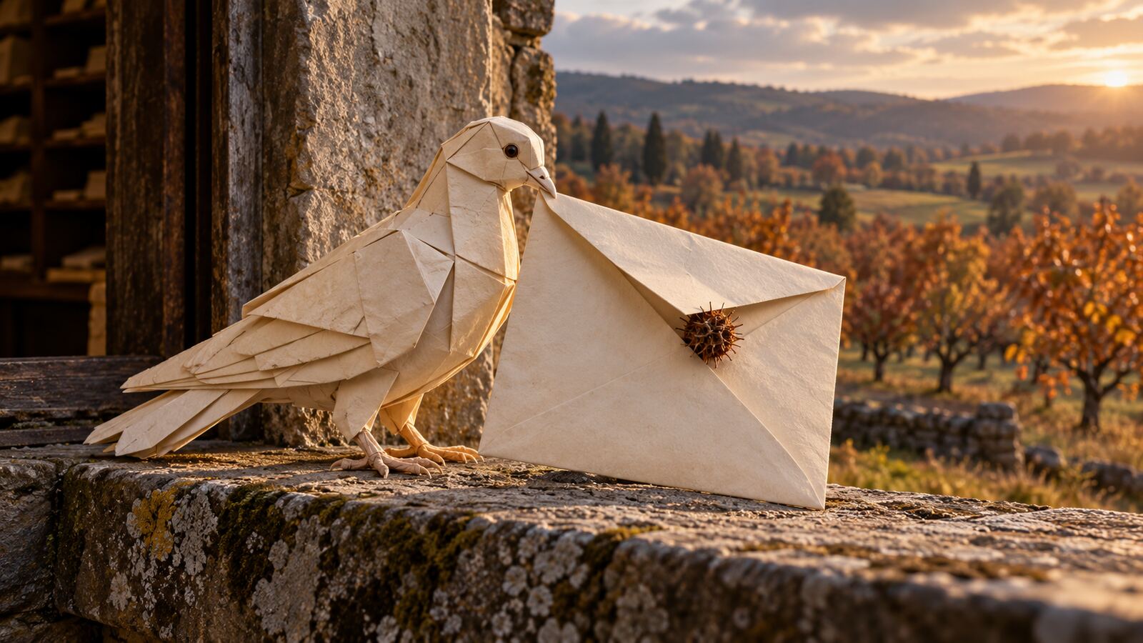 Folded paper pigeon beside an envelope with a thorny seed pod caught at its flap, on a stone sill above an autumn orchard.