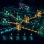 Cybersecurity illustration of AI agent governance with scoped permissions, approval gates, and audit evidence.