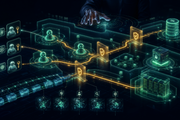Cybersecurity illustration of AI agent governance with scoped permissions, approval gates, and audit evidence.