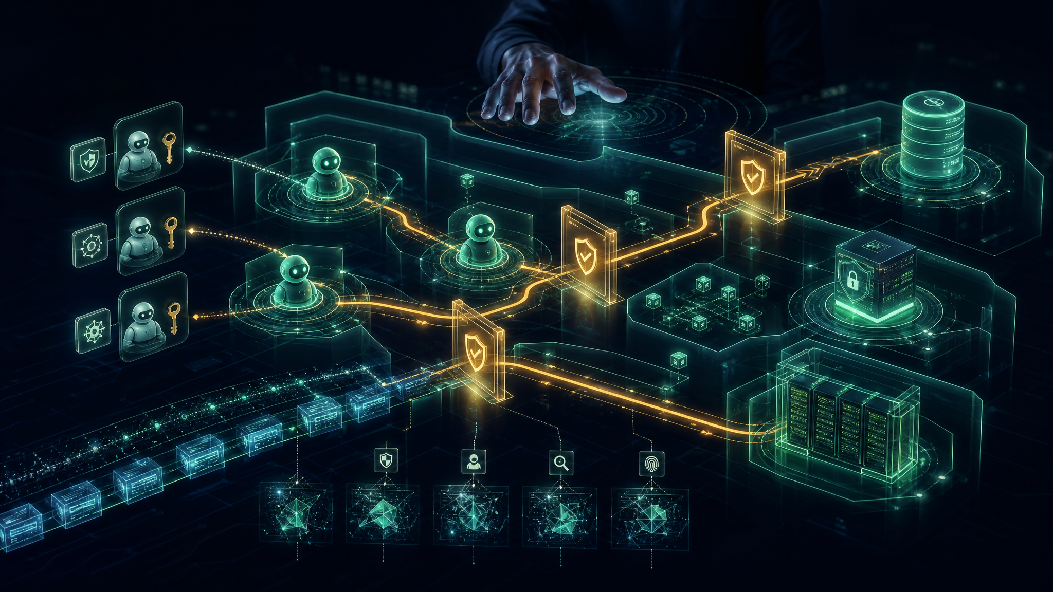 Cybersecurity illustration of AI agent governance with scoped permissions, approval gates, and audit evidence.