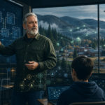 Editorial illustration of AI literacy, database fundamentals, and rural cybersecurity support.