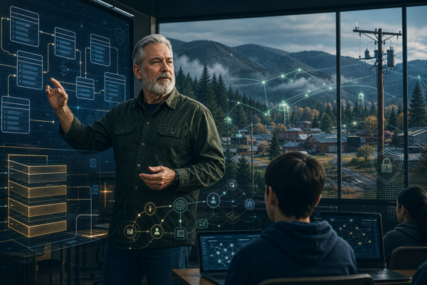 Editorial illustration of AI literacy, database fundamentals, and rural cybersecurity support.