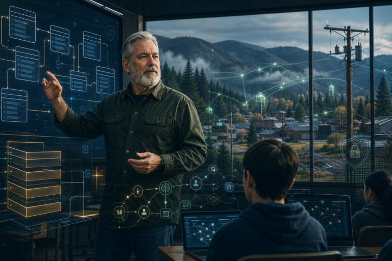Editorial illustration of AI literacy, database fundamentals, and rural cybersecurity support.