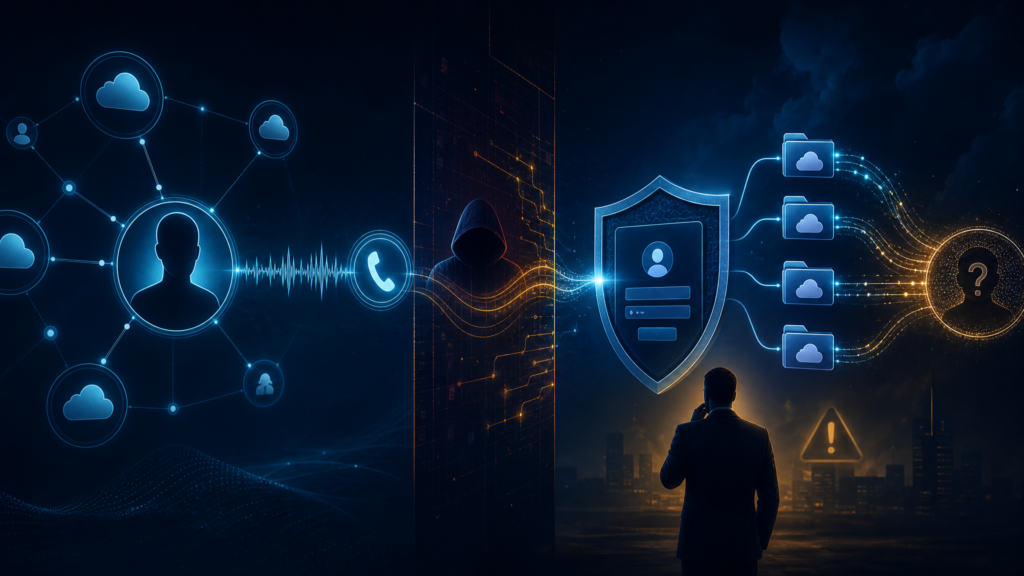 Abstract CTI illustration of vishing, cloud identity compromise, and SaaS data exfiltration for BlackFile extortion analysis