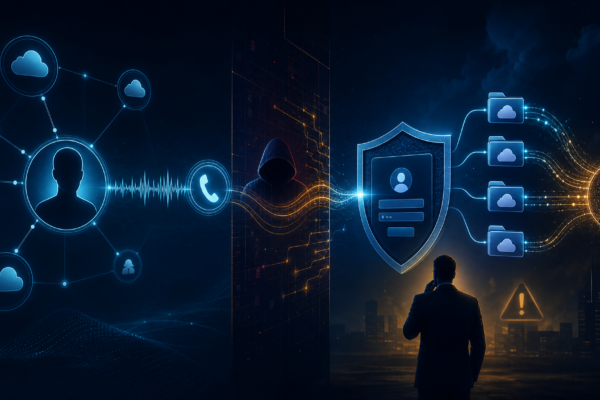Abstract CTI illustration of vishing, cloud identity compromise, and SaaS data exfiltration for BlackFile extortion analysis