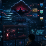 Cybersecurity illustration of real-time phishing-as-a-service intercepting OTP codes and digital wallet tokens.