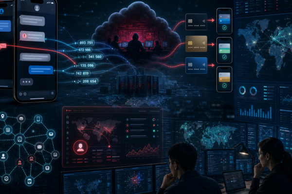 Cybersecurity illustration of real-time phishing-as-a-service intercepting OTP codes and digital wallet tokens.