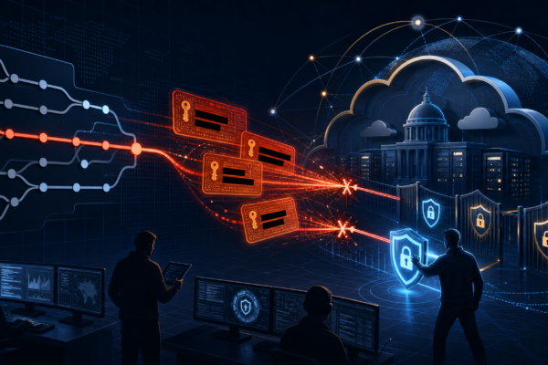 Cybersecurity illustration of exposed government cloud credentials in a public code repository