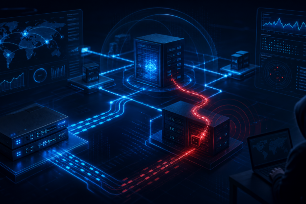 Editorial cybersecurity illustration of Cisco SD-WAN controllers under active exploitation through authentication bypass and webshell activity.