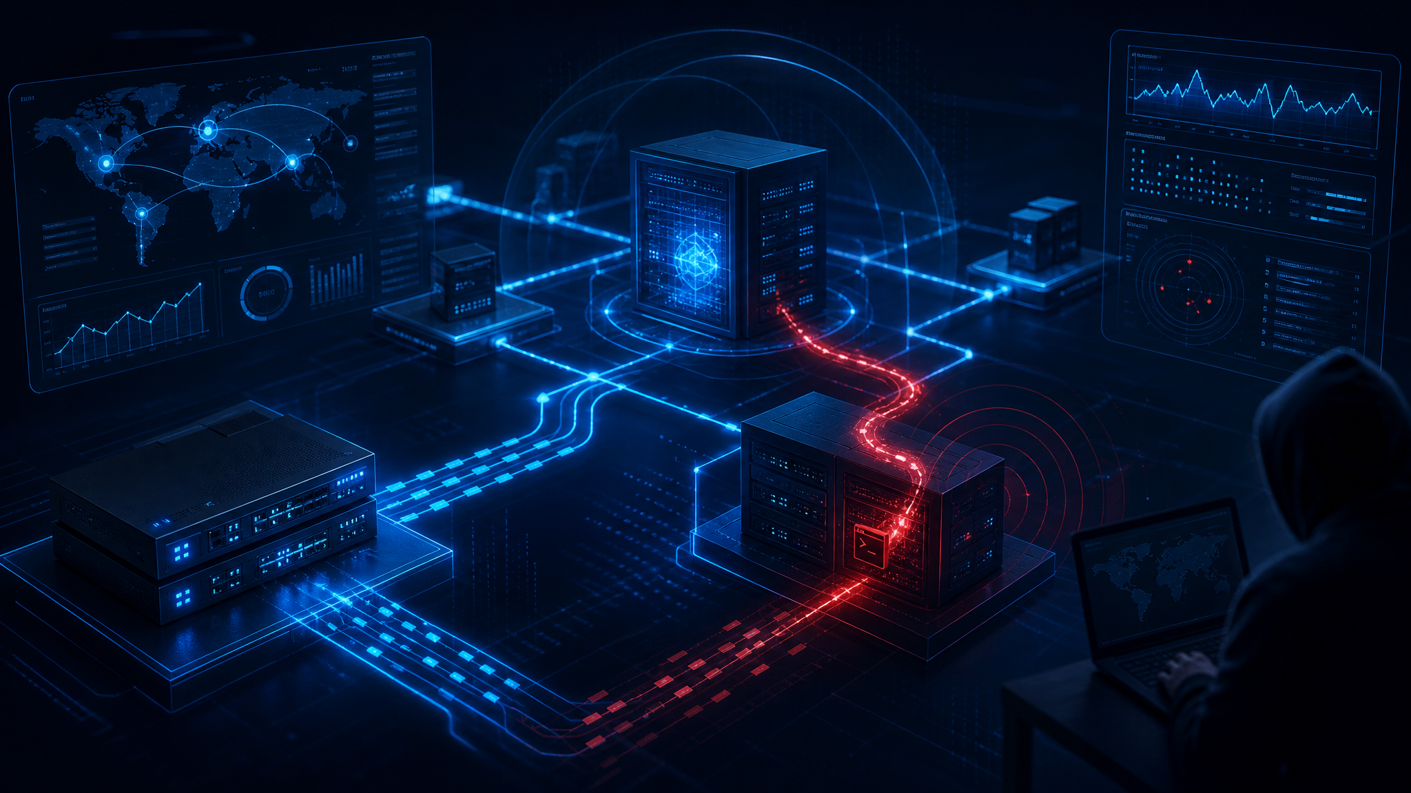 Editorial cybersecurity illustration of Cisco SD-WAN controllers under active exploitation through authentication bypass and webshell activity.