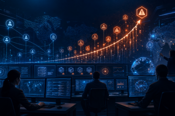 Cyber threat intelligence illustration showing defenders prioritizing exploited vulnerabilities across exposed systems.