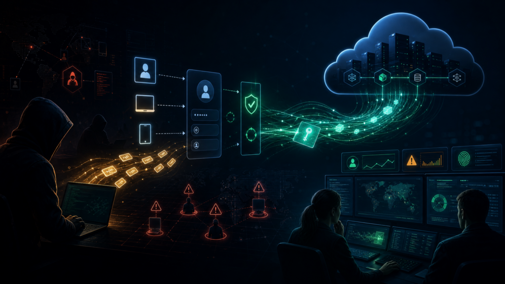 Editorial cybersecurity illustration of device code phishing and OAuth token theft.