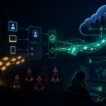 Editorial cybersecurity illustration of device code phishing and OAuth token theft.