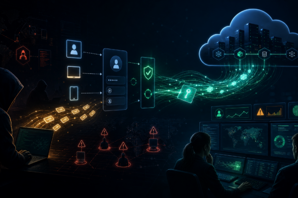 Editorial cybersecurity illustration of device code phishing and OAuth token theft.