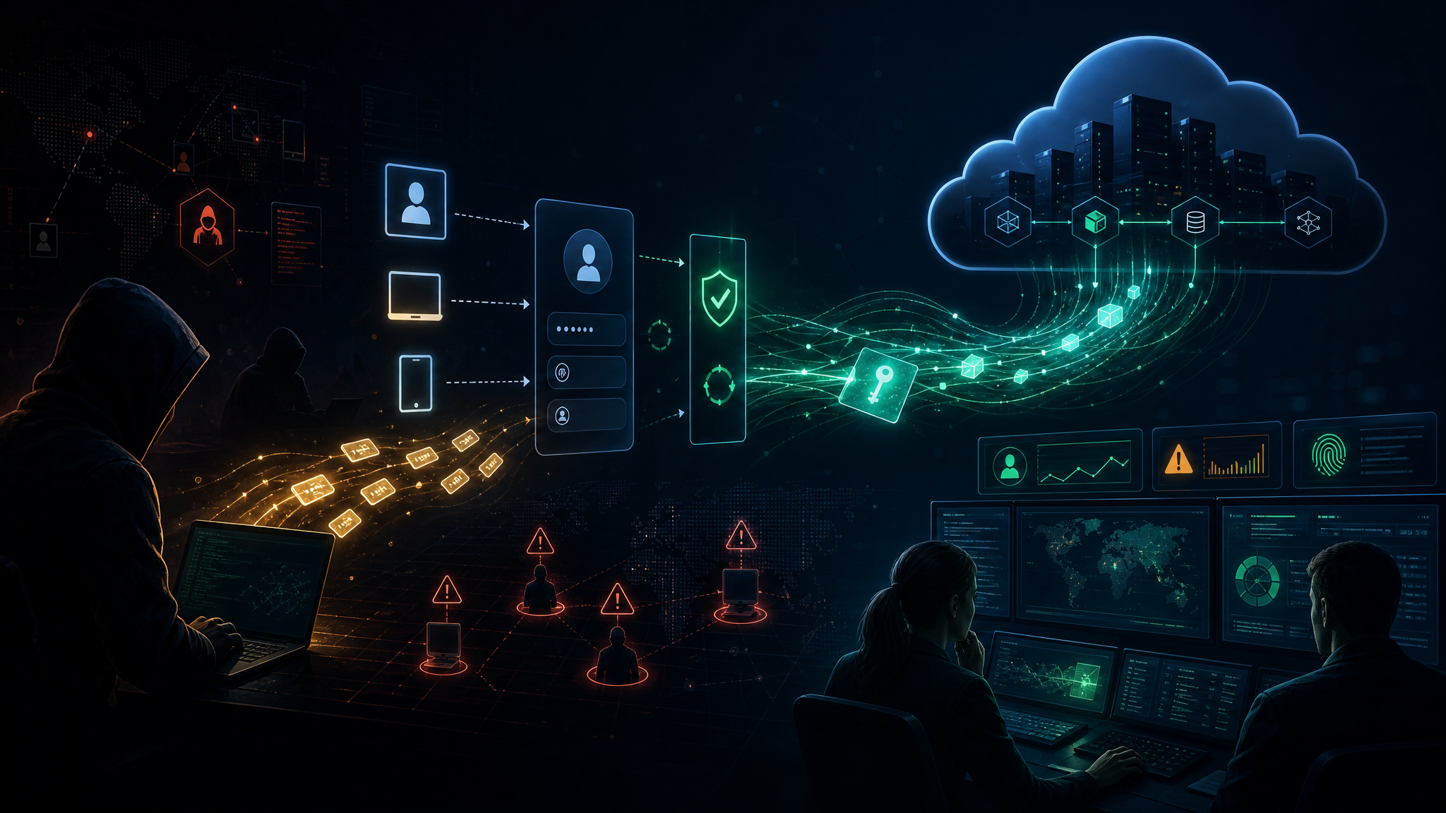 Editorial cybersecurity illustration of device code phishing and OAuth token theft.