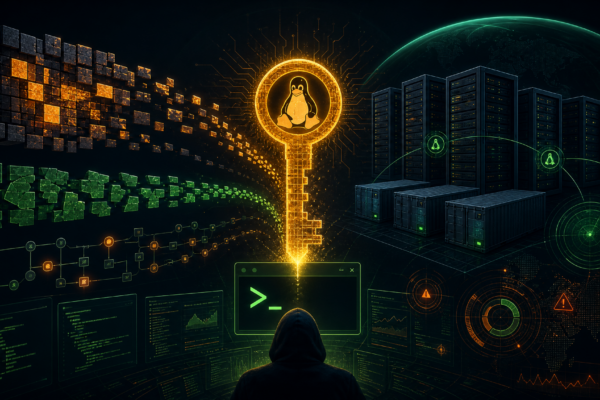 Editorial cybersecurity illustration of Dirty Frag Linux privilege escalation affecting server and container environments