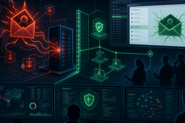 Editorial cybersecurity illustration of Microsoft Exchange OWA zero-day exploitation and defensive mitigation.