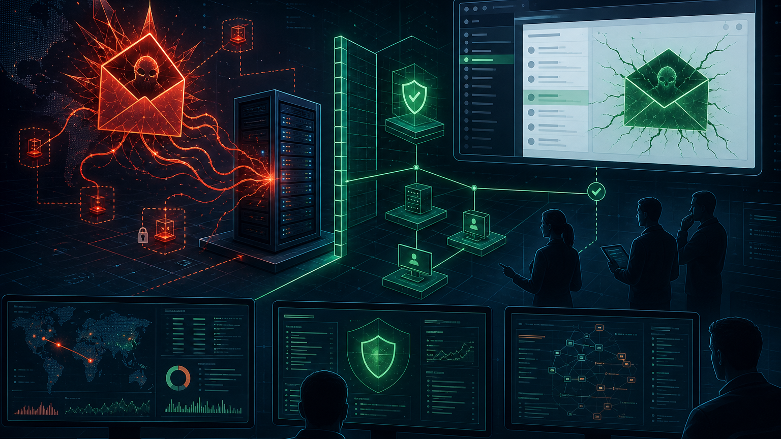 Editorial cybersecurity illustration of Microsoft Exchange OWA zero-day exploitation and defensive mitigation.