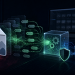 Abstract cybersecurity illustration of malicious image metadata being processed in a defended macOS workflow