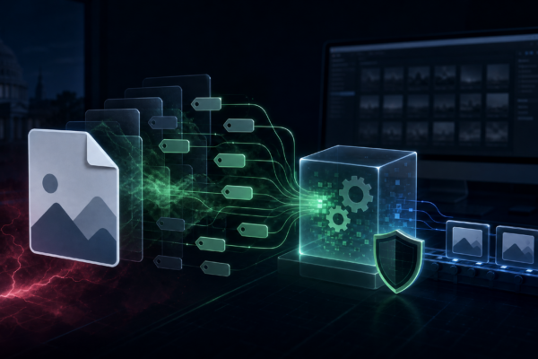 Abstract cybersecurity illustration of malicious image metadata being processed in a defended macOS workflow