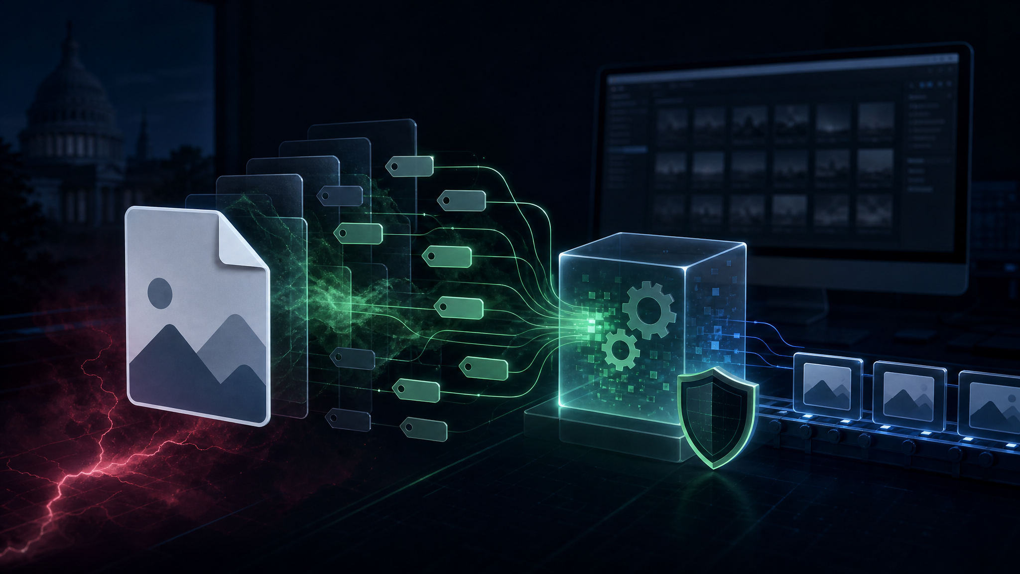 Abstract cybersecurity illustration of malicious image metadata being processed in a defended macOS workflow