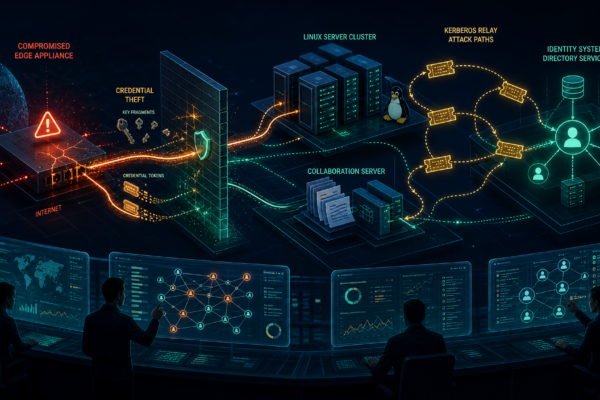 Editorial cybersecurity illustration of an edge appliance compromise pivoting into Linux, Confluence, and identity systems