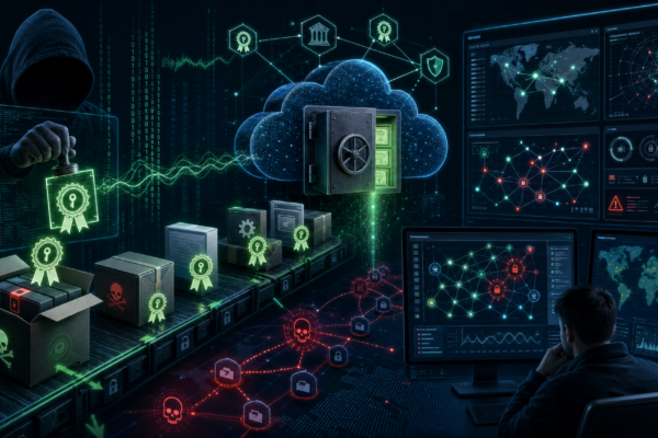 Editorial cybersecurity illustration showing fraudulent code signing and malware disguised as trusted software.