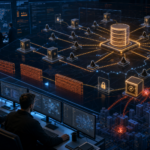 Editorial cybersecurity illustration of ransomware-as-a-service infrastructure exposed by a leaked backend database.