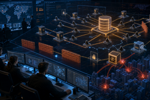 Editorial cybersecurity illustration of ransomware-as-a-service infrastructure exposed by a leaked backend database.