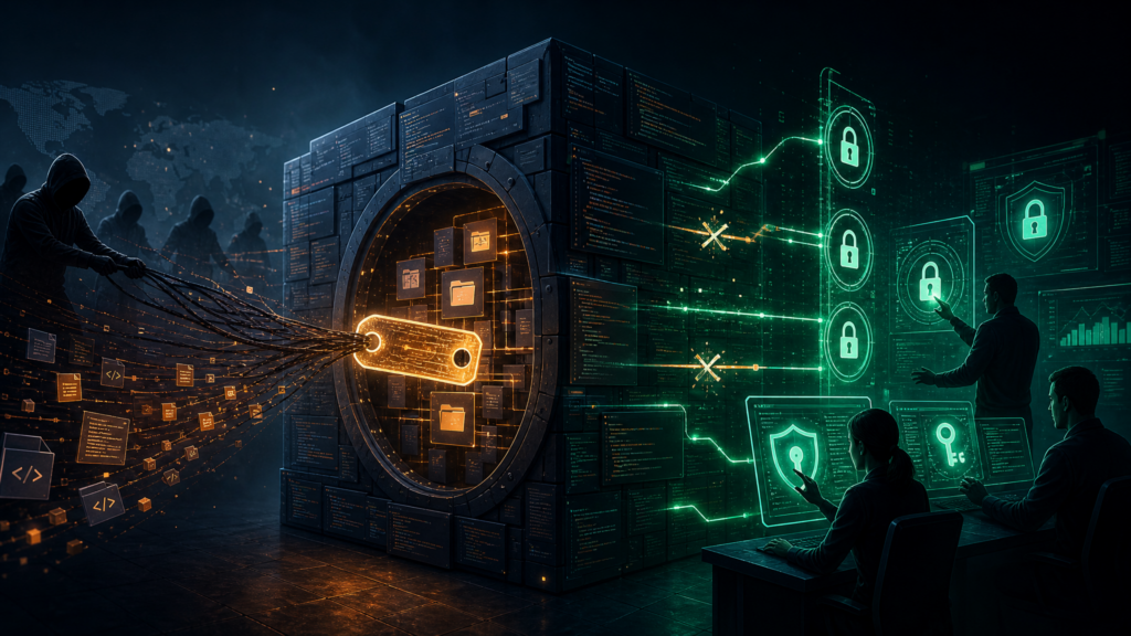 Editorial cybersecurity illustration of a GitHub token breach leading to codebase theft and extortion risk.