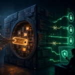 Editorial cybersecurity illustration of a GitHub token breach leading to codebase theft and extortion risk.