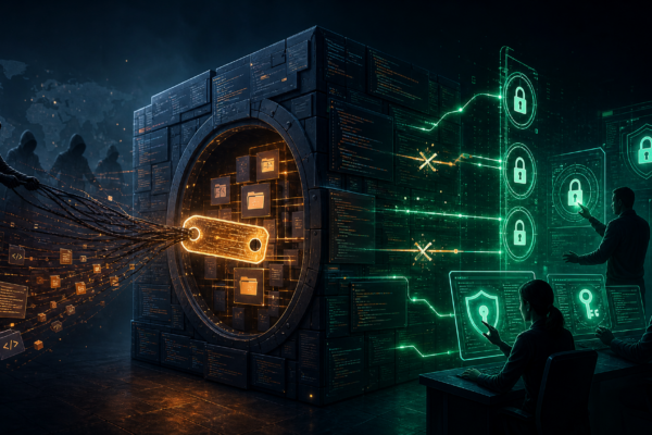 Editorial cybersecurity illustration of a GitHub token breach leading to codebase theft and extortion risk.