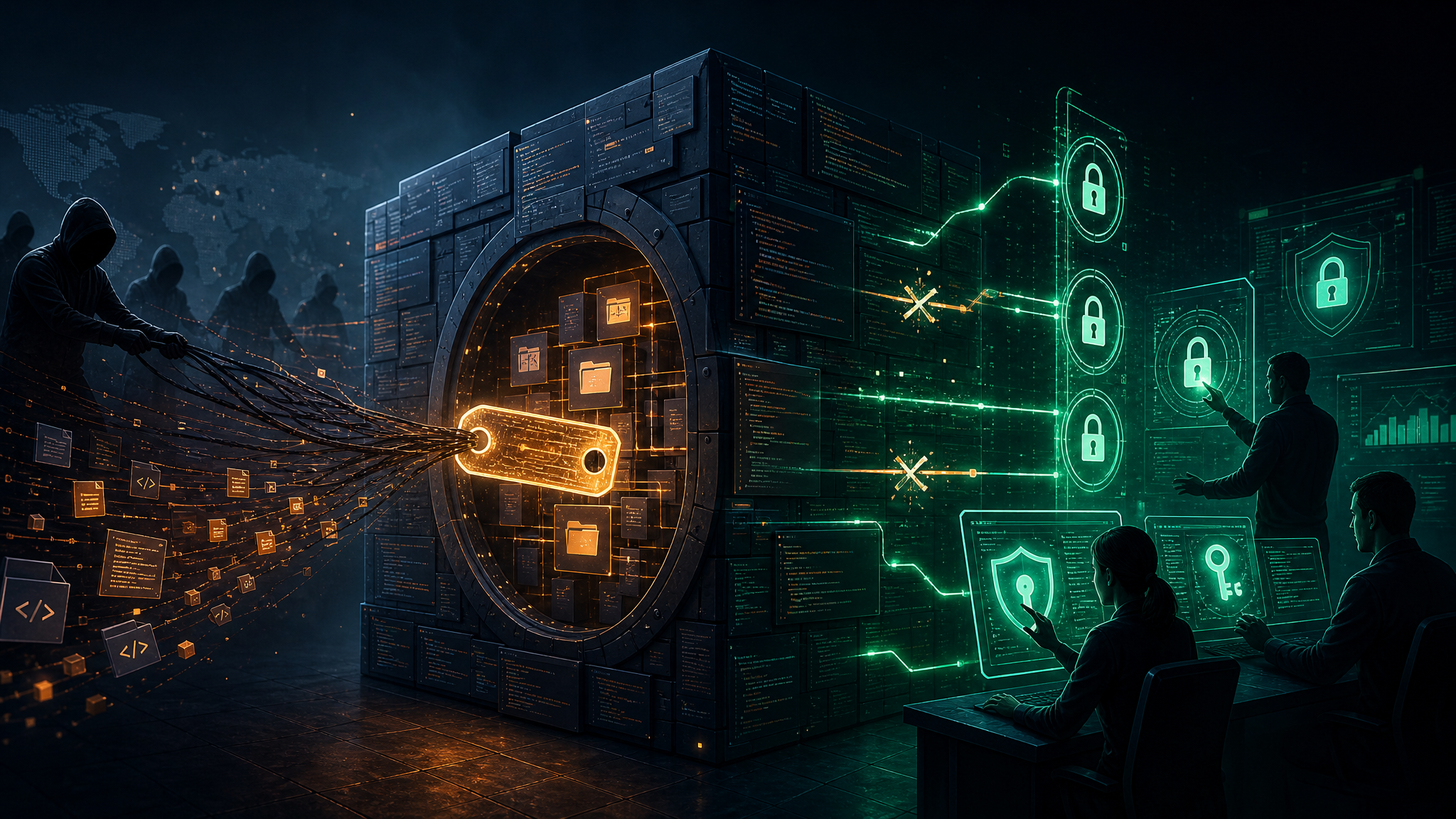 Editorial cybersecurity illustration of a GitHub token breach leading to codebase theft and extortion risk.