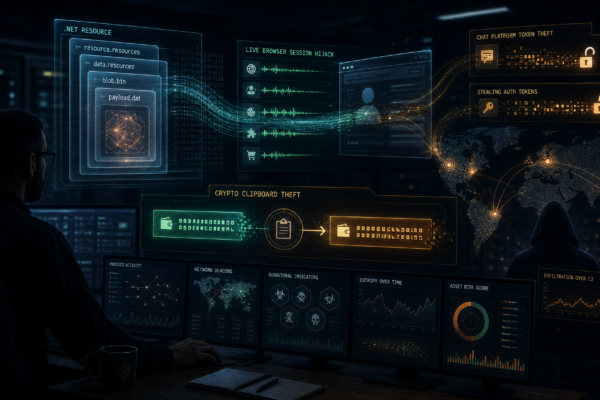 Professional cybersecurity illustration showing Gremlin Stealer hiding payloads inside resource files and targeting browser sessions.
