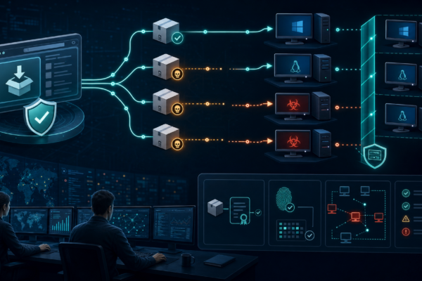 Cybersecurity illustration of a trusted software download site being abused to deliver poisoned installers in a supply chain attack.